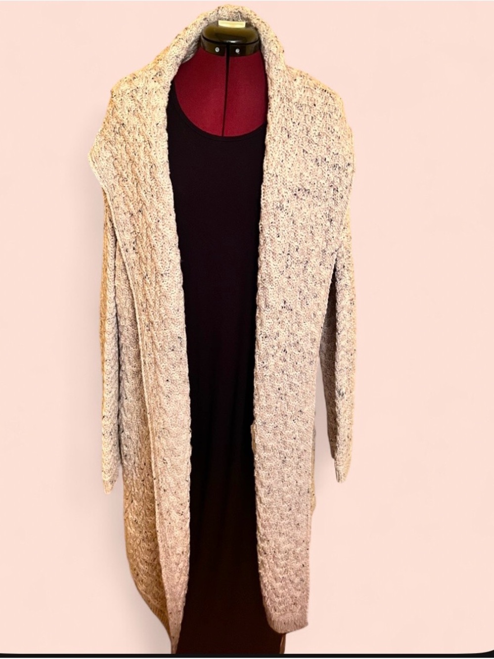Aran Crafts Ireland Cardigan XXL Merino Wool Cable Knit Hooded Long Oatmeal